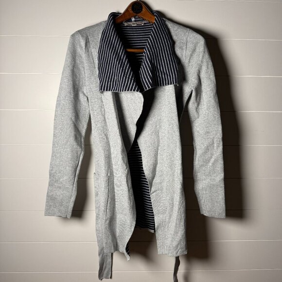 Loft Cardigan Light Gray Sweater with Accent Interior Navy & White Stripe XS - Picture 10 of 12
